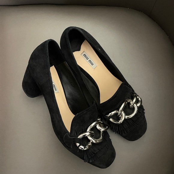 Miu Miu black mary jane pumps heeled sandals suede shoes with chains 5cm heels - Picture 5 of 5